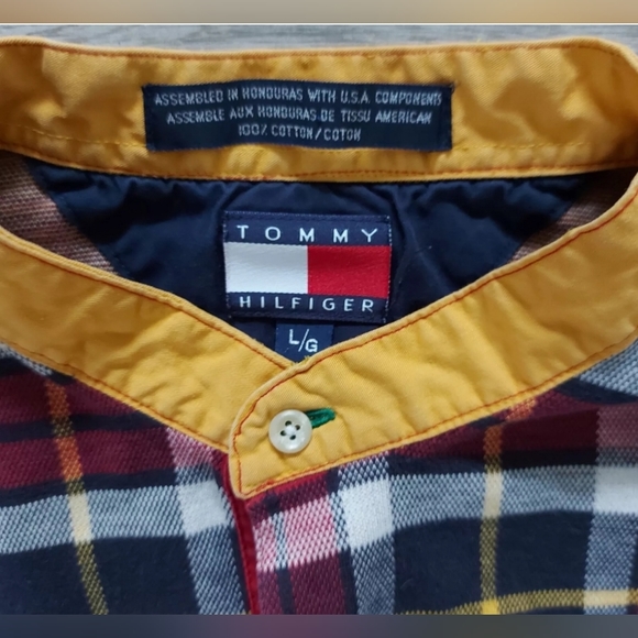 Vintage Tommy Hilfiger Plaid Polo Rugby Shirt Band Mandarin Collar Large - Picture 4 of 7